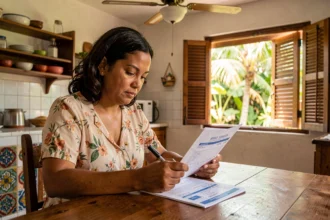 Femme guadeloupéenne consultant un devis d'assurance habitation à la table de sa cuisine créole