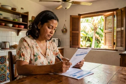 Femme guadeloupéenne consultant un devis d'assurance habitation à la table de sa cuisine créole