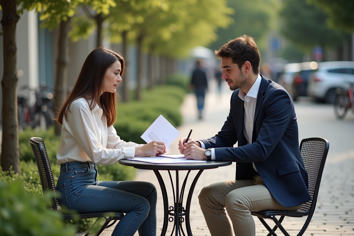 Jeune homme et femme discutant sur une terrasse ensoleillee