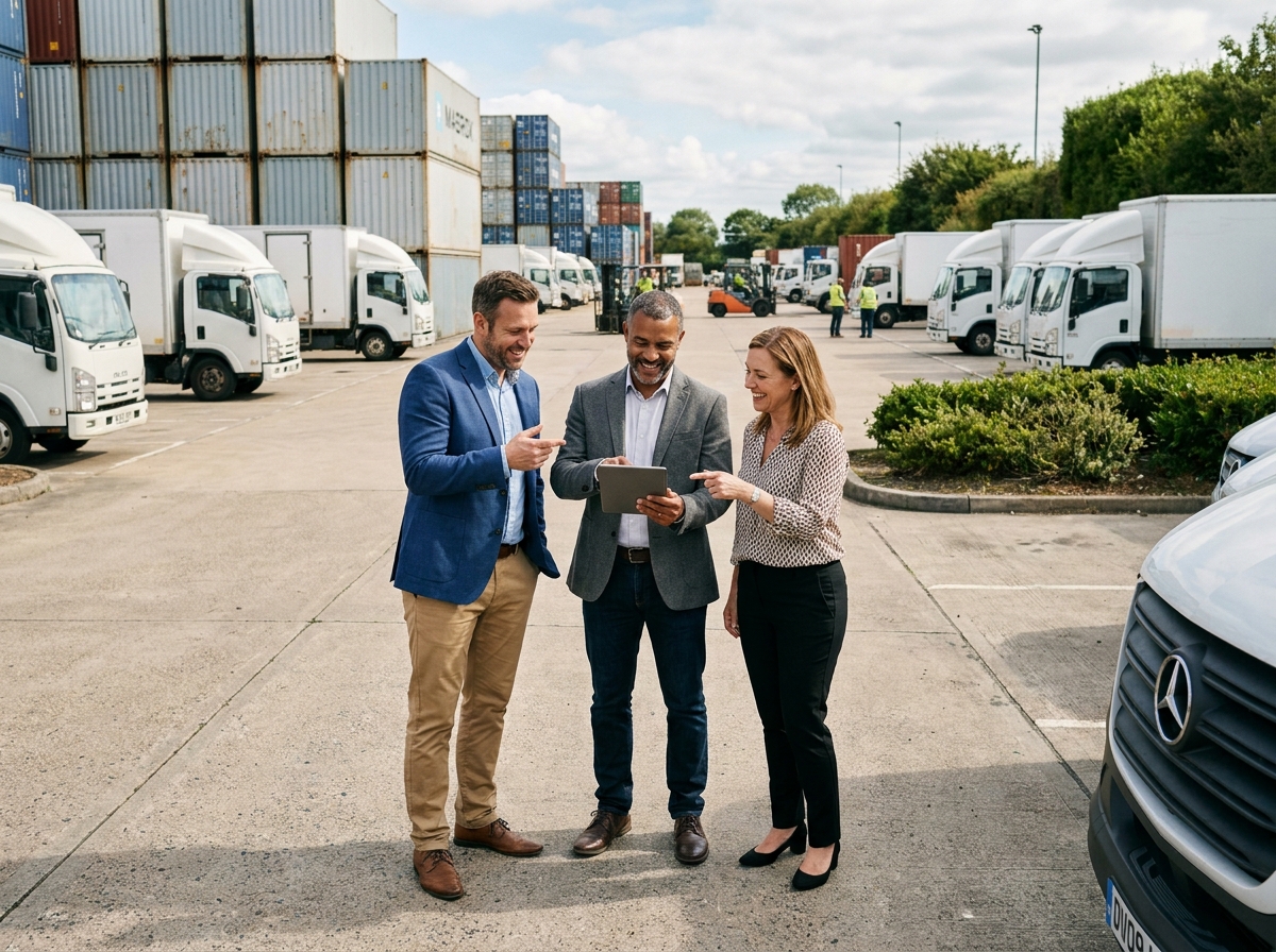 Professionnels discutant devant un hub logistique en plein air