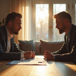 Conflit entre propriétaire et locataire dans un salon moderne avec marques de brûlure