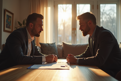 Conflit entre propriétaire et locataire dans un salon moderne avec marques de brûlure