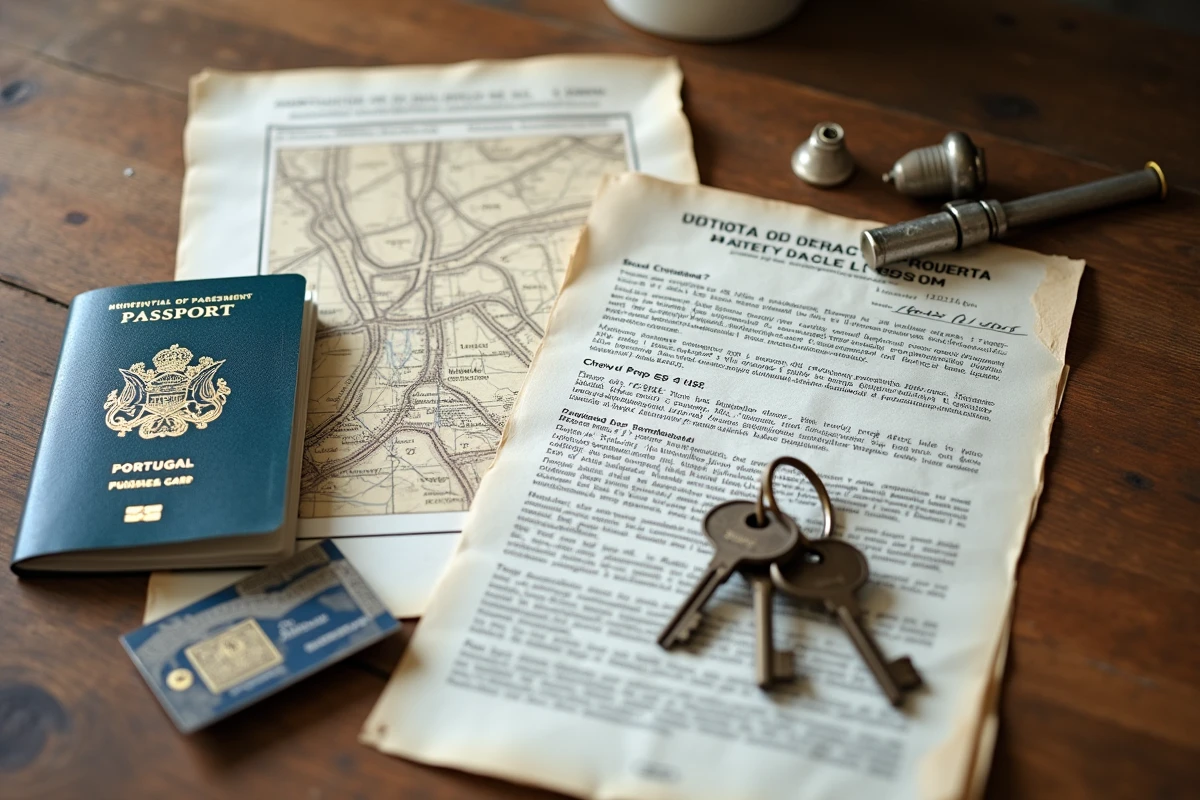 Documents administratifs pour l'achat d'une maison de pêcheur au Portugal incluant passeport français, NIF portugais et compromis de vente bilingue