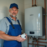 Électricien en tenue bleue vérifiant un disjoncteur dans une pièce propre