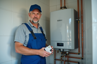 Électricien en tenue bleue vérifiant un disjoncteur dans une pièce propre