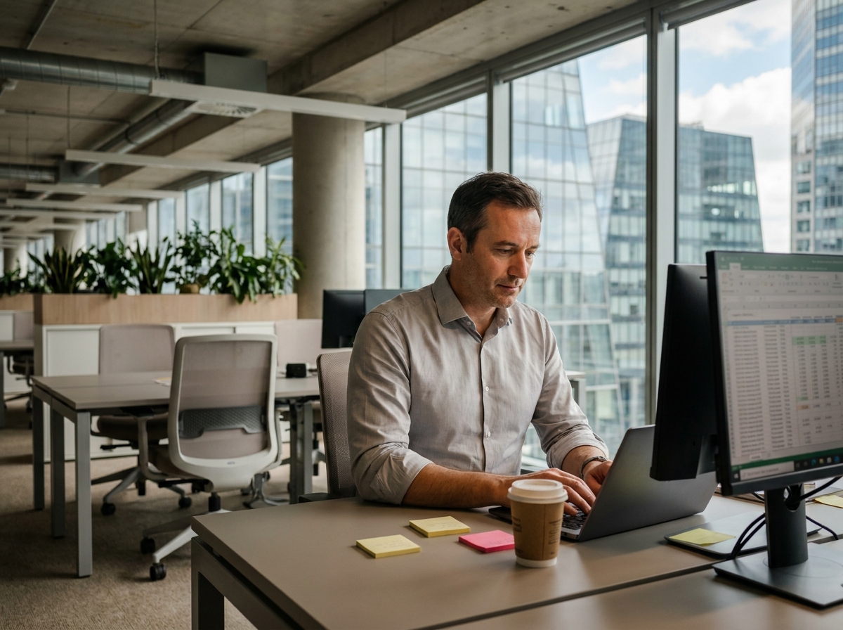 Employé concentré travaillant seul en open space dans un bureau moderne à La Défense