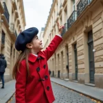 Petite fille pointant du doigt la façade d'un immeuble haussmannien à Paris, vue en contre-plongée depuis le trottoir