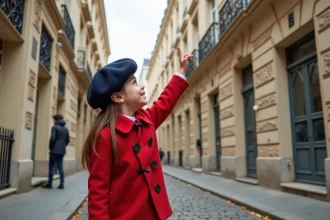 Petite fille pointant du doigt la façade d'un immeuble haussmannien à Paris, vue en contre-plongée depuis le trottoir