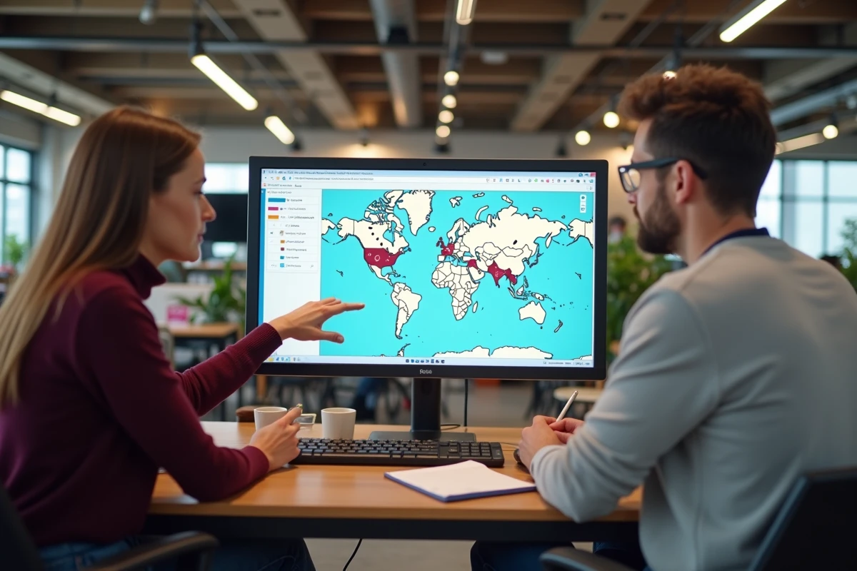 Deux collègues collaborant sur un outil de structuration de prospection locale devant un écran de cartographie