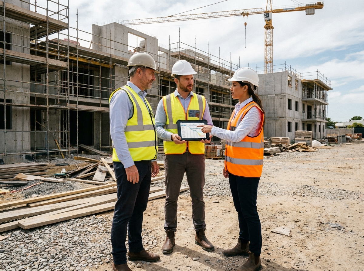 Équipe de project management en gilets de sécurité sur un chantier de construction immobilière avec tablette numérique