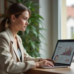 Femme consultant un outil d'estimation de valeur de maison sur son ordinateur portable depuis un bureau à domicile