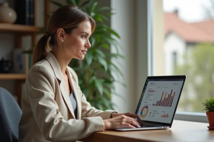 Femme consultant un outil d'estimation de valeur de maison sur son ordinateur portable depuis un bureau à domicile