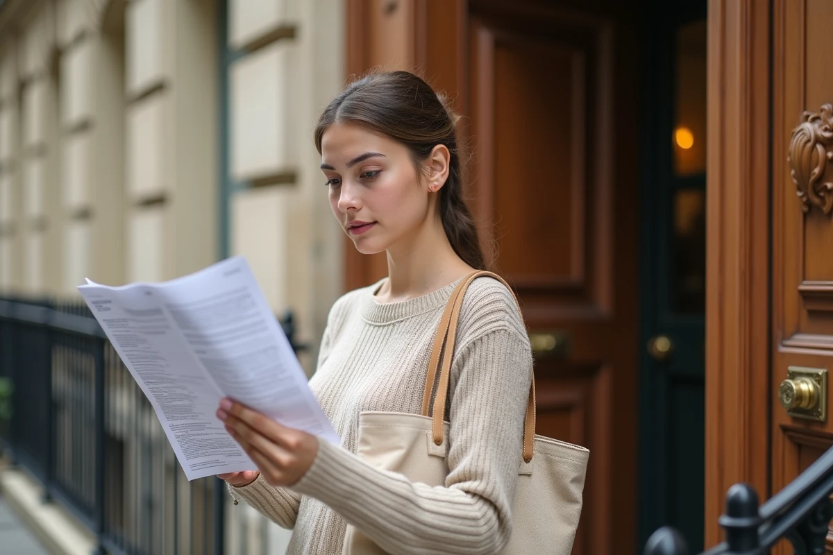 Jeune femme étudiante devant un immeuble parisien consultant un contrat de bail solidaire