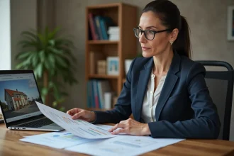 Femme consultant une évaluation immobilière en ligne sur ordinateur portable avant une mise en vente