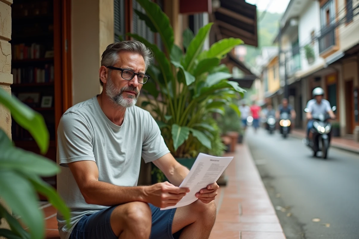 Expatrié occidental vérifiant une liste de contrôle avant de louer un appartement dans un quartier résidentiel en Thaïlande