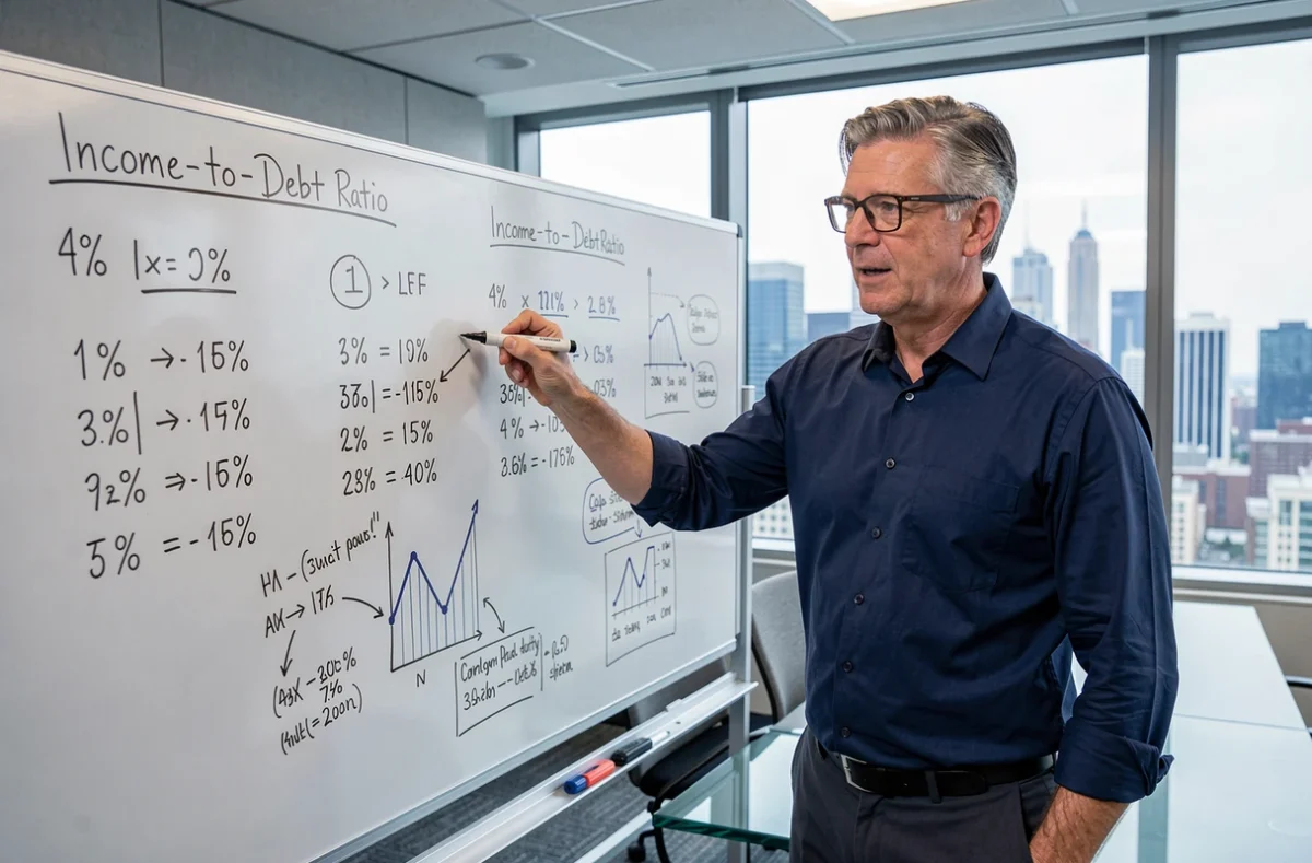 Expert financier présentant des calculs et cas concrets de la méthode IDR au tableau blanc dans une salle de réunion professionnelle