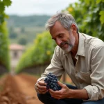 Expert viticole examinant des raisins Merlot dans un vignoble bordelais aux rangs de vignes ordonnés sur sols argilo-calcaires