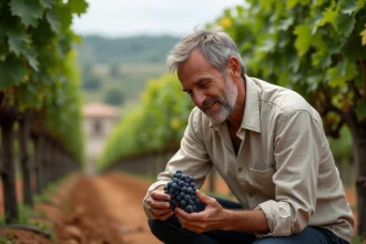 Expert viticole examinant des raisins Merlot dans un vignoble bordelais aux rangs de vignes ordonnés sur sols argilo-calcaires