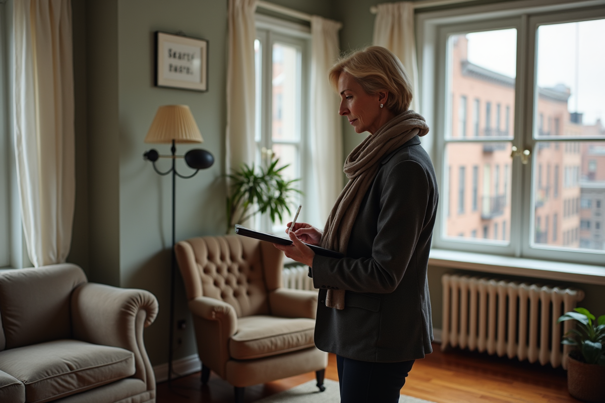 Experte immobiliere prenant des notes dans un appartement