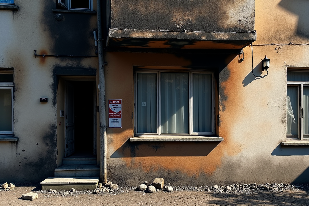 Façade d un immeuble endommagé par le feu avec fenêtre rénovée et panneau a louer