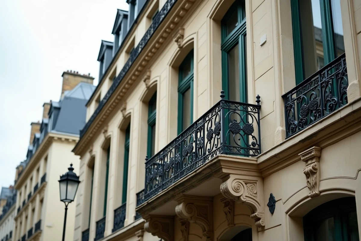 Détail architectural d'une façade haussmannienne parisienne avec balcons en fer forgé et volets verts