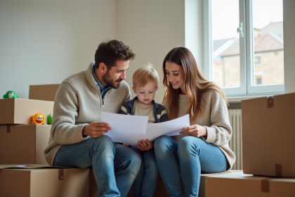 Famille jeune dans un appartement en déménagement