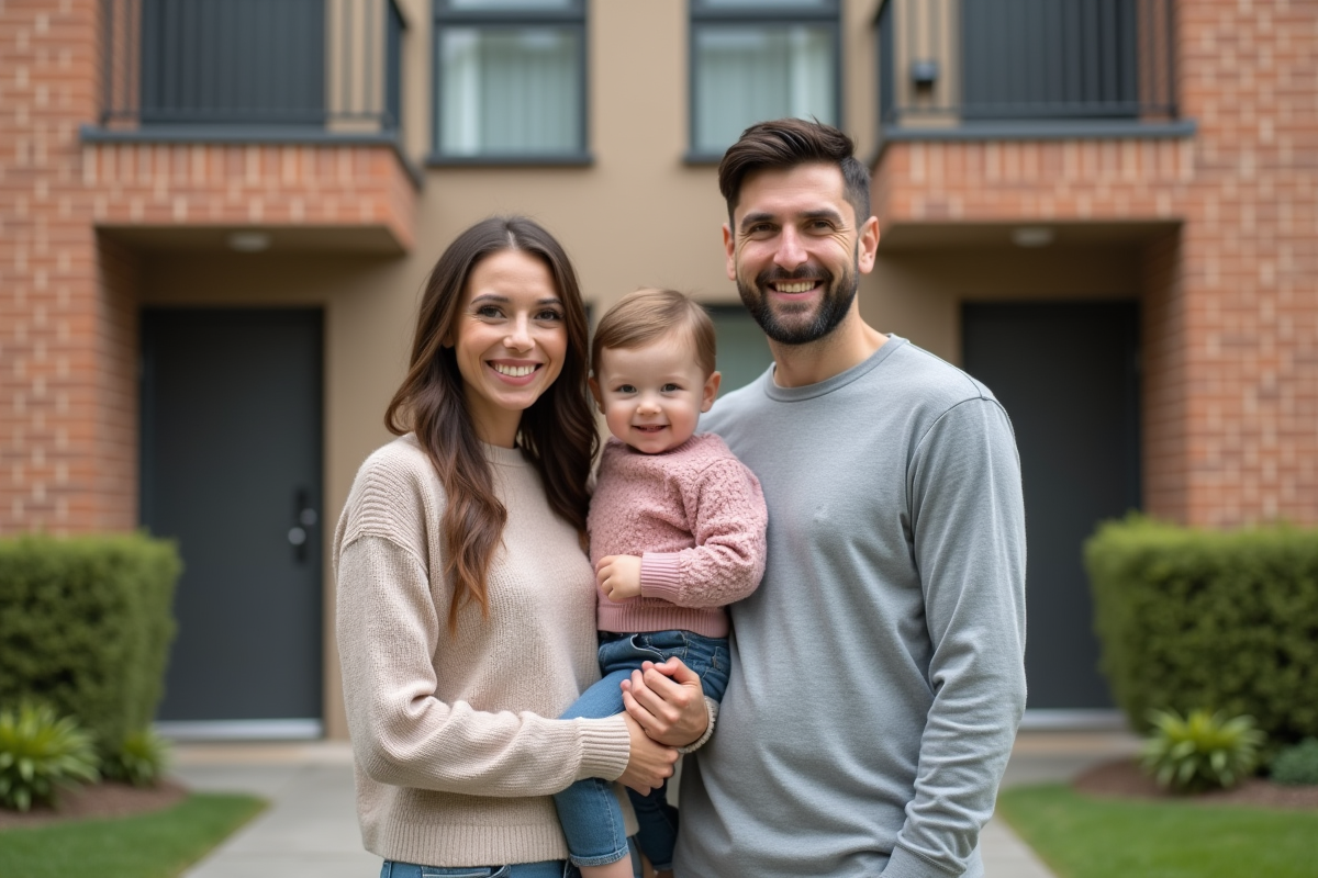 Famille heureuse devant un immeuble résidentiel neuf