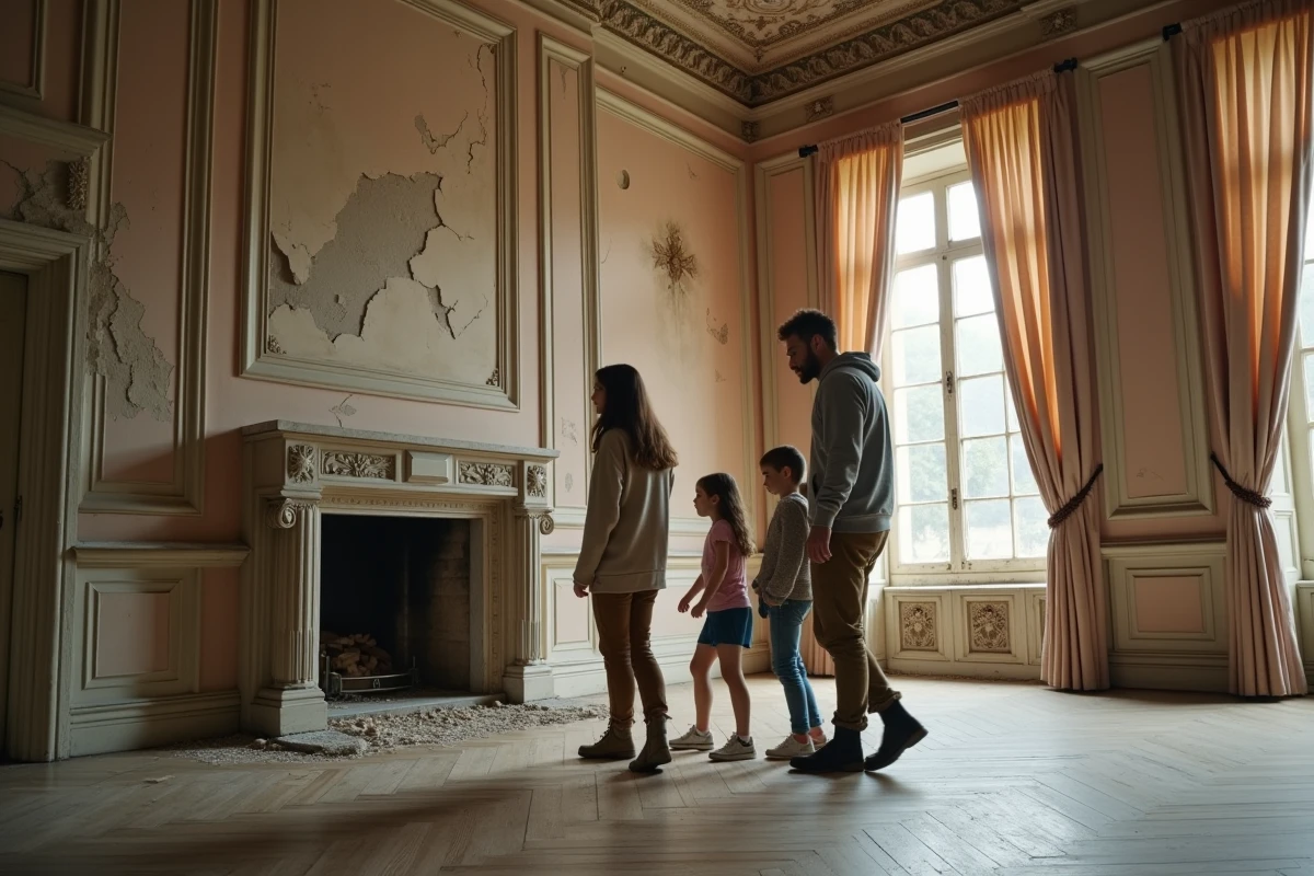 Famille explorant le salon délabré d'un château abandonné à rénover, parquet abîmé et moulures dégradées