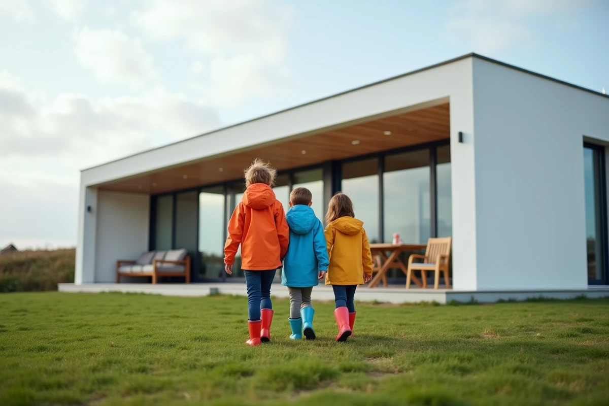 Famille devant maison moderne en Normandie