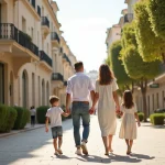 Famille se promenant dans un quartier chic de Marseille avec des façades haussmanniennes et une avenue arborée