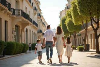 Famille se promenant dans un quartier chic de Marseille avec des façades haussmanniennes et une avenue arborée