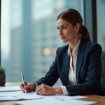Femme d'affaires en costume dans un bureau moderne