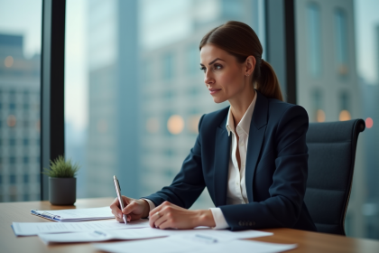 Femme d'affaires en costume dans un bureau moderne
