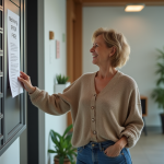 Femme souriante affichant une annonce d'objets gratuits dans un hall