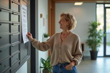 Femme souriante affichant une annonce d'objets gratuits dans un hall