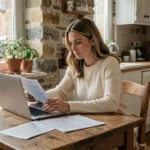 Femme consultant des documents d'assurance habitation sur un ordinateur portable dans un appartement rennais de style breton