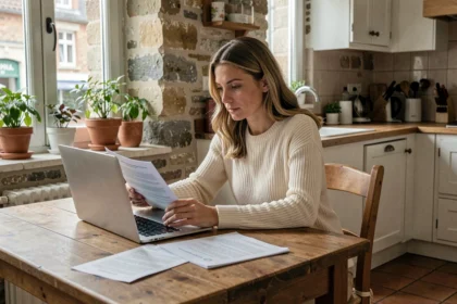 Femme consultant des documents d'assurance habitation sur un ordinateur portable dans un appartement rennais de style breton