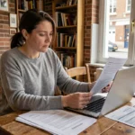 Femme consultant des documents d'assurance habitation sur un ordinateur portable dans un appartement de Tourcoing