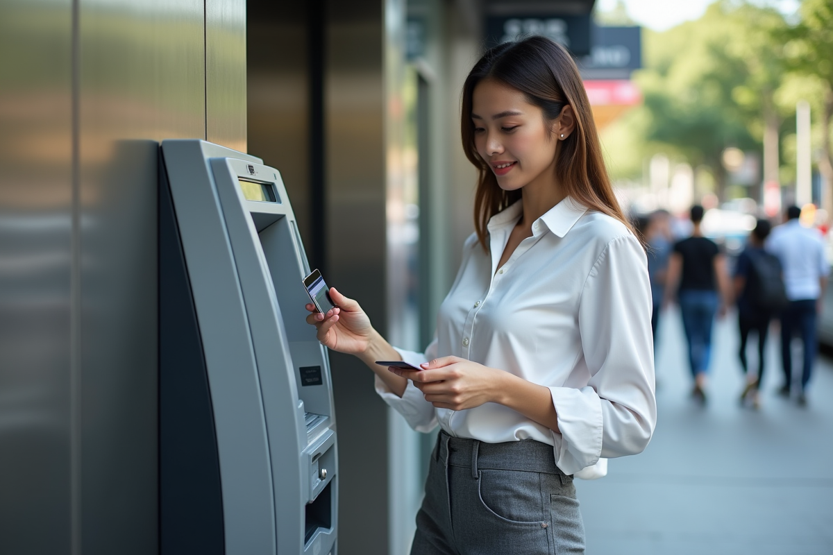 Jeune femme utilisant un distributeur automatique en ville