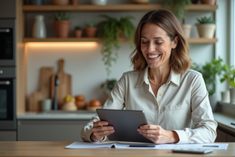 Femme d'âge moyen avec tablette dans une cuisine moderne