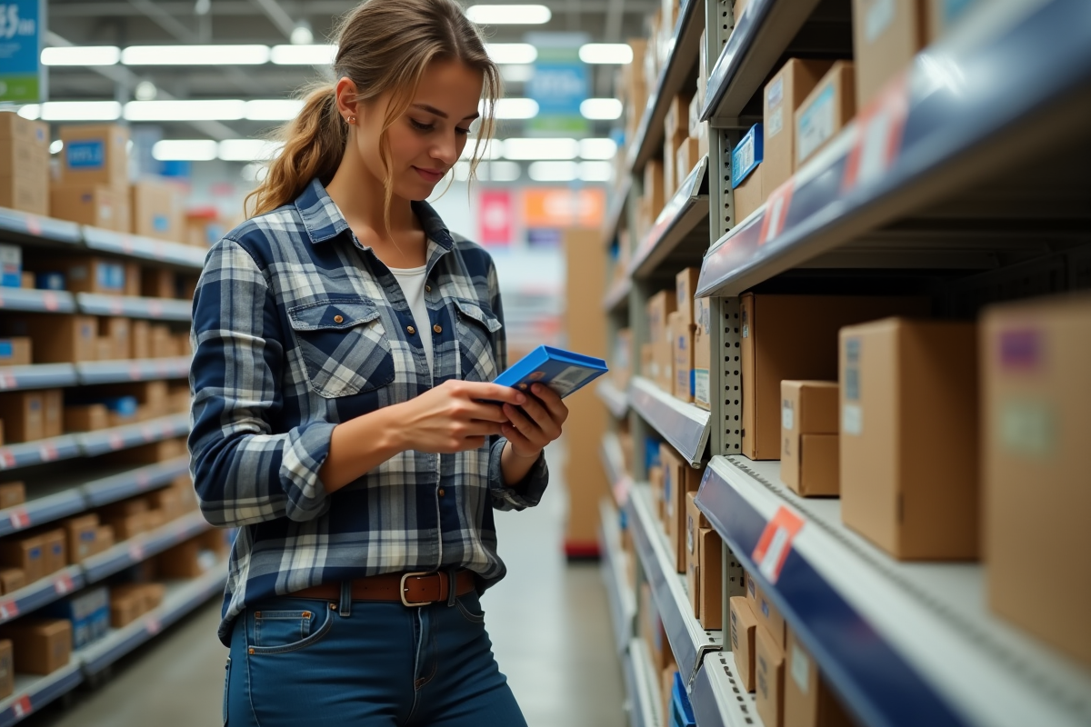 Jeune femme examinant un emballage de disjoncteur dans un magasin