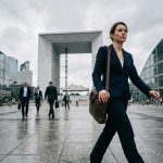 Femme cadre marchant sur l'esplanade de La Défense avec la Grande Arche en arrière-plan