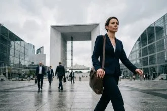 Femme cadre marchant sur l'esplanade de La Défense avec la Grande Arche en arrière-plan