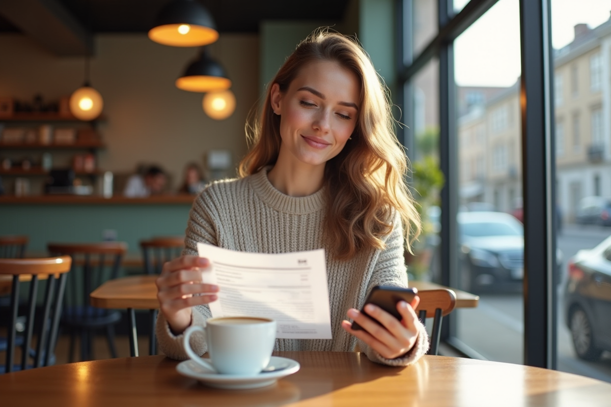 Jeune femme souriante tenant relevé bancaire au café ensoleille