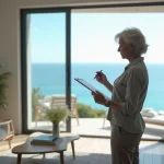 Femme vérifiant une checklist dans un appartement moderne face à la mer