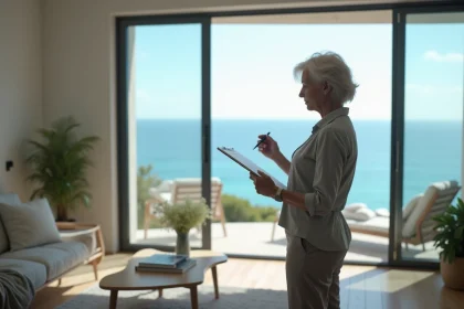 Femme vérifiant une checklist dans un appartement moderne face à la mer