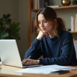 Femme consultant une plateforme d'annonces de location sur son ordinateur portable à son bureau à domicile pour renouveler sa demande LOC annonce