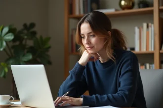 Femme consultant une plateforme d'annonces de location sur son ordinateur portable à son bureau à domicile pour renouveler sa demande LOC annonce