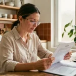 Femme consultant un contrat d'assurance habitation à la table de sa cuisine