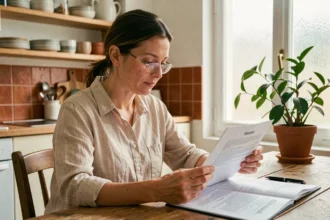 Femme consultant un contrat d'assurance habitation à la table de sa cuisine